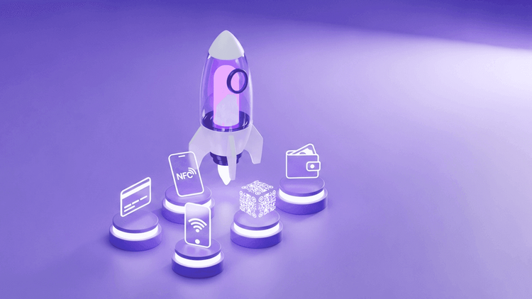 Стартап в виде ракеты и фигурки, символизирующие выбор платежных инструментов: карта, телефон, кошелек и др.