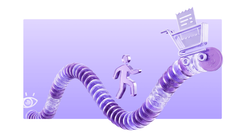 Платежный путь в виде синусоиды из монеток, по которой идет человек (клиент). В начале пути глаз (увидел), в конце - корзина (купил)